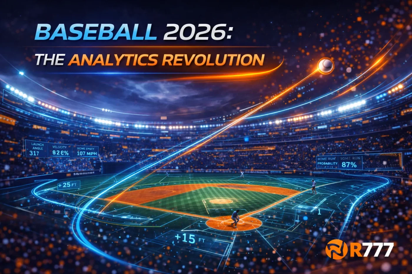 Futuristic baseball stadium with digital data overlays and 2026 strategy r777